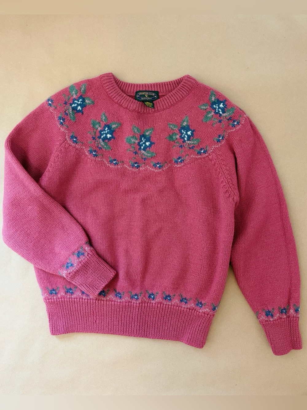 Charter Club Pink Crewneck Sweater with Blue & Green Floral Yoke